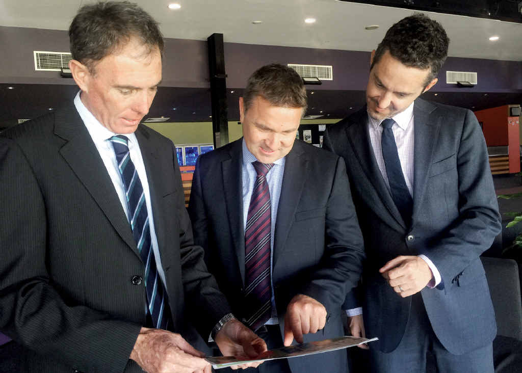 SPORTS PRECINCT: Fraser Coast Mayor Gerard O’Connell, AFL Queensand Chief Executive Dean Warren and AFL State and Planning Manager Jacob Anson look over plans. SPORTS PRECINCT: Fraser Coast Mayor Gerard O’Connell, AFL Queensand Chief Executive Dean Warren and AFL State and Planning Manager Jacob Anson look over plans.